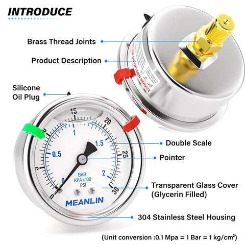Beefy Stainless Steel Liquid Filled Pressure Gauge 0 to 30 Psi 1 Quarter NPT Center Back Mount Two And A Half Inch Luminous Dial