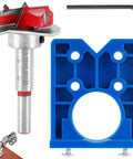 Concealed Hinge Jig for 35mm Hinge Drilling Guide Woodworking with Adjustable Bit and Hex Wrench shown with depth stop and blue jig