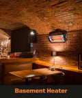 Indoor Electric Garage Heater With Ceiling Mount Radiant Quartz Heating 1500W Or 750W Work Light installed in brick-walled room