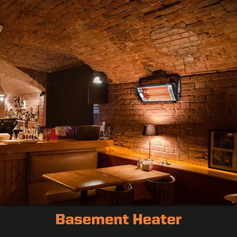Indoor Electric Garage Heater With Ceiling Mount Radiant Quartz Heating 1500W Or 750W Work Light installed in brick-walled room