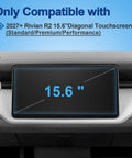 Top Tier Matte Tempered Glass Screen Protector For 2027 Rivian R2 Central Display showing 15.6 inch touchscreen compatibility.