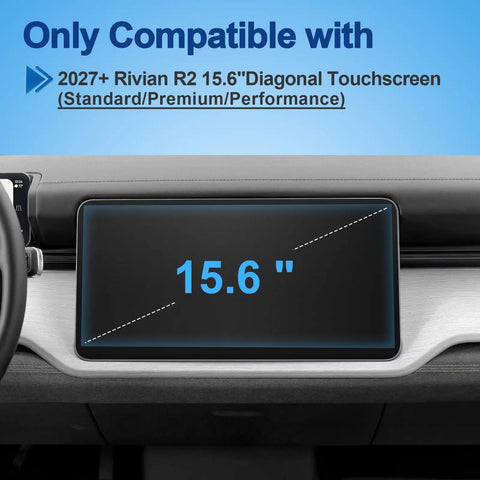 Top Tier Matte Tempered Glass Screen Protector For 2027 Rivian R2 Central Display showing 15.6 inch touchscreen compatibility.