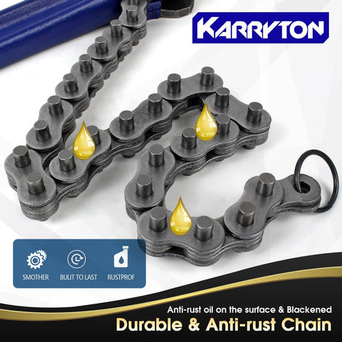 Heavy Duty Chain Pipe Wrench With 36 Inch Chain, anti-rust chain detail with oil droplets, diagonal view