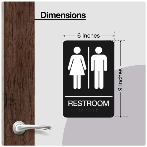 Dimensions of ADA Braille Unisex Bathroom Sign With Double Sided 3M Tape ABS Plastic Gender Neutral Restroom Sign for Offices and Restaurants 9 By 6 Inches Sleek Modern Mountable Office Sign For Biz Spaces shown on wooden door.