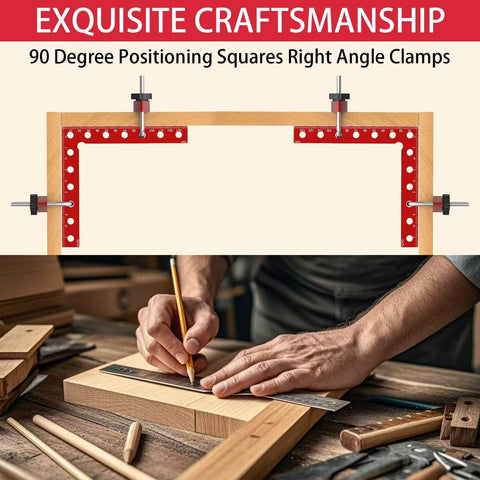 Woodworker using Four Pack 90 Degree Corner Clamps For Woodworking, 5.5 By 5.5 Inch Right Angle Positioning Squares in workshop