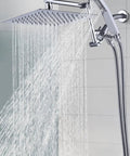 All Metal 10 Inch Rainfall Shower Head With Handheld Spray Combo in chrome finish, 3 setting diverter, and adjustable extension arm