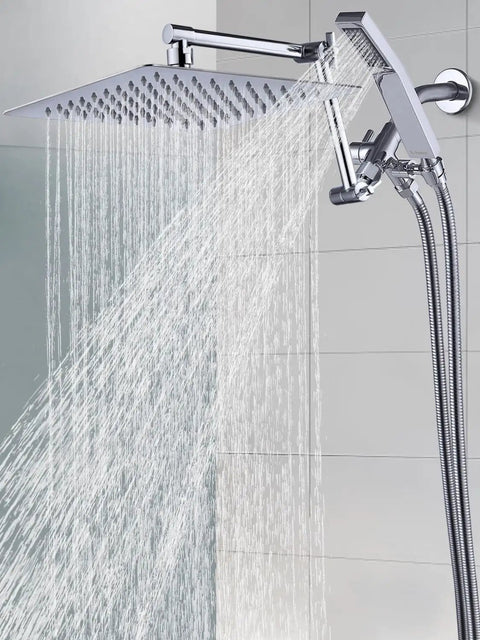 All Metal 10 Inch Rainfall Shower Head With Handheld Spray Combo in chrome finish, 3 setting diverter, and adjustable extension arm