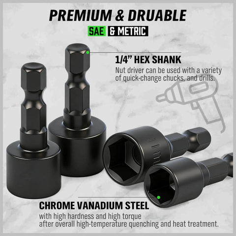 20 Piece Nut Driver Set For Impact Drill With One Quarter Inch Hex Drive SAE And Metric Industrial Grade Chromium Vanadium Steel