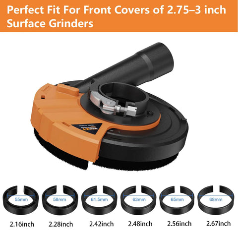 Grinder Dust Shroud With Universal 4.5 And 5 Inch Diamond Grinding Cup Wheel Dust Collection Attachment showing adapters sizes.
