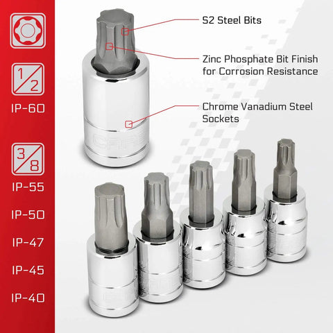 Close-up view of Torx Plus 13-Piece Bit Socket Set with 6 Lobe TP-8 IP-8 Through TP-60 IP-60 showcasing S2 steel bits and CrV sockets.