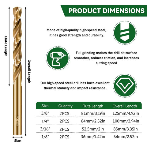 Top Notch Cobalt Drill Bit Set 8Pcs M35 High Speed Steel Kit For Cutting Hardened Steel Stainless Cast Iron Plus Wood And Plastic Jobs. 3/8 in drill bit dimensions