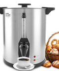 Front view of Large 45 Cup Coffee Urn With 8L Capacity, 950W Quick Brew Percolator, stainless steel with double faucet and cup.