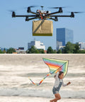 A drone delivering a package and a child flying a colorful kite on the beach, related to Five Piece Pack Carbon Fiber Rods 8mm X 400mm.