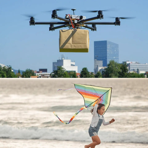 A drone delivering a package and a child flying a colorful kite on the beach, related to Five Piece Pack Carbon Fiber Rods 8mm X 400mm.