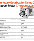 50 To 1 Planetary Gearbox For Nema 23 Stepper Motors With Low Backlash 20 Arcmin 8mm Input Shaft shown with technical specs chart