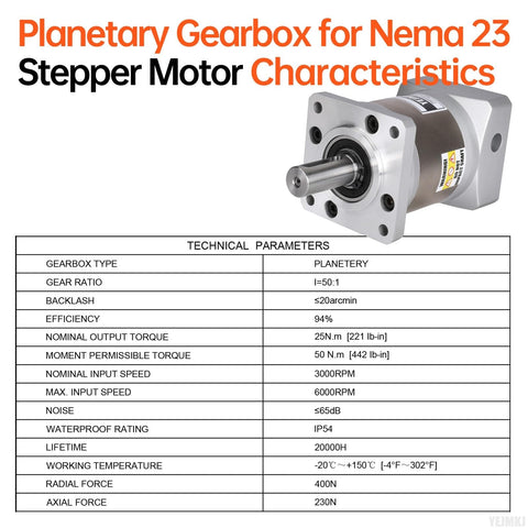 50 To 1 Planetary Gearbox For Nema 23 Stepper Motors With Low Backlash 20 Arcmin 8mm Input Shaft shown with technical specs chart