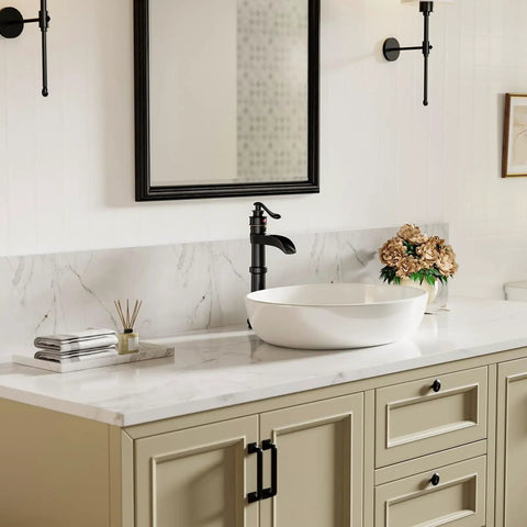 Modern bathroom with Oil Rubbed Bronze Vessel Sink Faucet With Waterfall Spout Tall Deck Mount Bathroom Tap Single Handle Single Hole