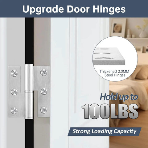 Premium Lift Off Hinges For Interior Doors, 3 Inch Brushed Stainless Steel Toggle Set, Removable Pin on door frame.