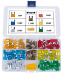 Car Mini Blade ATM Fuse Set 140 Piece Assortment with color-coded fuses in organizer box, 5A to 30A, for auto protection