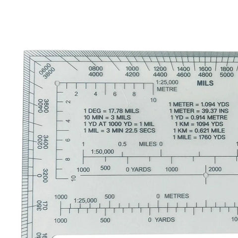 Close-up of Dope Acrylic Square Ruler With Coordinate Grid Reader featuring 1:25k and 1:50k map scales and conversion tables.