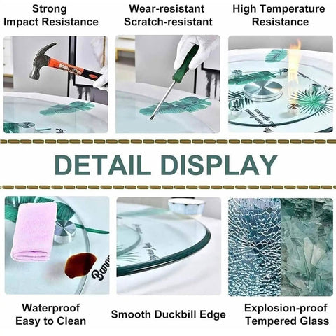 Detail display of Large Round Clear Tempered Glass Lazy Susan Turntable showing impact resistance and smooth edges.