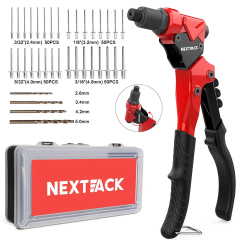 Heavy Duty Pop Rivet Gun Tool Kit With 360 Degree Swivel Head For Tight Spaces Includes 200 Aluminum Rivets, 4 Drill Bits, 4 Nosepieces, And Rugged Carry Case All In One Riveting Set For Auto Body, DIY, And Metalwork.