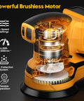 Cordless Random Orbital Sander With Brushless Motor Built Tough To Hustle Through Woodworking shows internal motor design and features.
