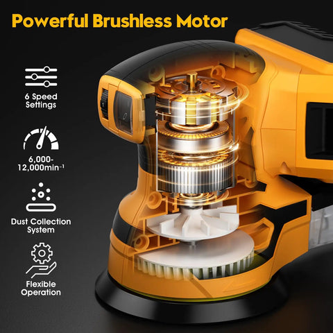 Cordless Random Orbital Sander With Brushless Motor Built Tough To Hustle Through Woodworking shows internal motor design and features.