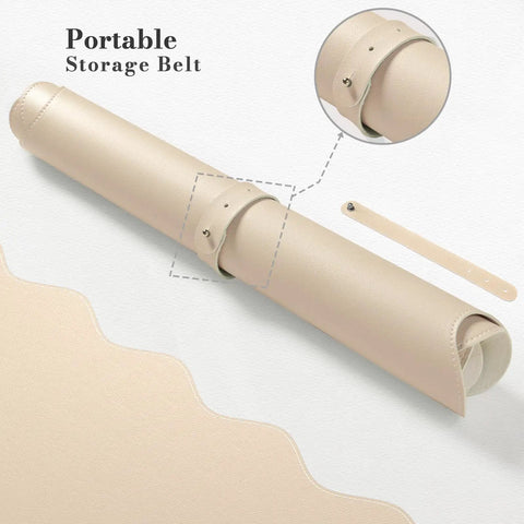 Rolled Extra Large PU Leather Desk Pad With Scalloped Edges, Waterproof Non Slip Desk Protector Mat For Office And Home, Large Mouse Pad With Stitched Border, Beige Tone For A Calm, Modern Workspace with portable storage belt.