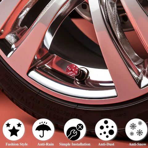 Dice Style Tire Valve Stem Caps With O Ring Universal Aluminum Alloy Dustproof Covers For Cars SUVs Trucks Motorcycles And Bicycles Red 4 Pack Easy Install Weather Resistant on a car wheel