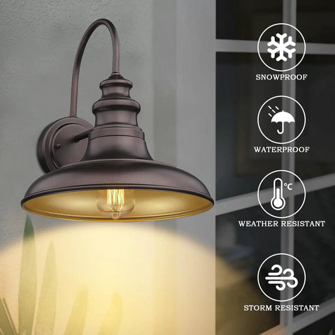 Farmhouse Outdoor Barn Light Fixture 2 Pack Wall Mount Lantern Sconce for Exterior Porch, Industrial Bronze Finish with Gold Interior