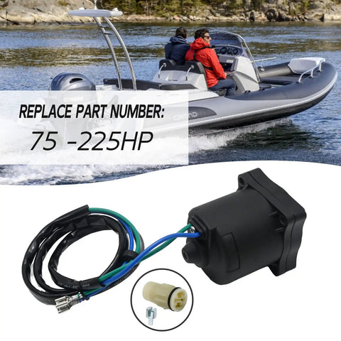12V Tilt Trim Motor Replacement For Honda And Suzuki Outboard Engines Plug And Play Fits BF75 BF90 BF135 BF150 BF200 BF225 And DF9.9 DF15 DF150 DF300 Replaces Part Numbers 36120-ZW1-701 36120-ZW1-702 36120-ZW1-703 36120-ZX2-013 36120-ZY3-013 with boat and replacement kit visible