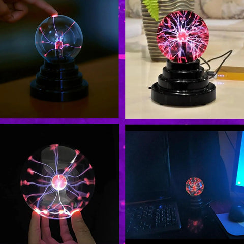 Touch Sensitive Plasma Ball Lamp Light Nebula Sphere Globe Toy USB Or Battery Powered 4 By 4 By 6 Inches on desk glowing
