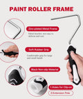 11-Piece Foam Paint Roller Kit with 4-Inch Roller showing ergonomic handle, zinc-plated frame, and non-slip grip