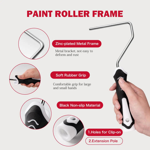 11-Piece Foam Paint Roller Kit with 4-Inch Roller showing ergonomic handle, zinc-plated frame, and non-slip grip
