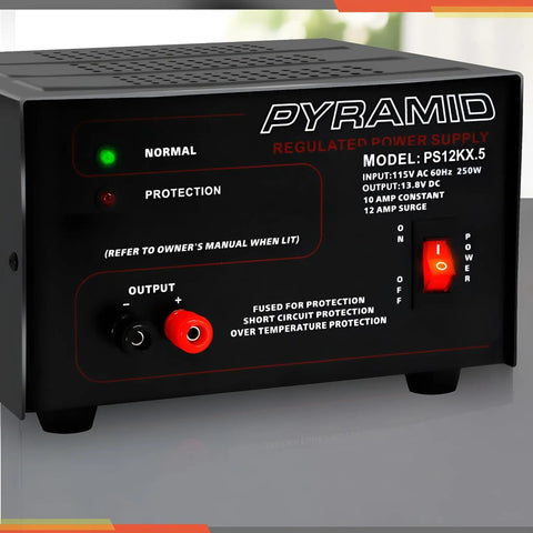 Front view of a Compact Benchtop Power Supply for Electronics Hobbyists, showing control panel with red power switch and output terminals.