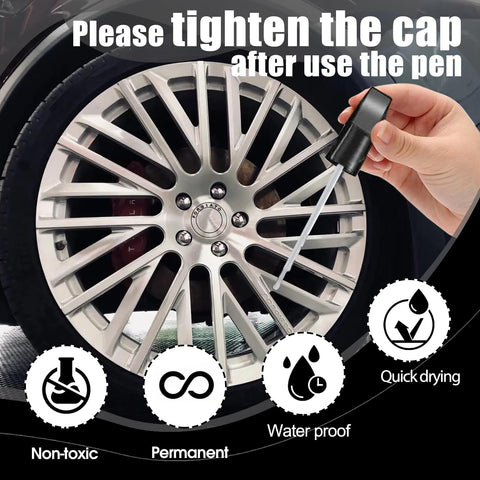 Hand applying Matte Black Wheel Touch Up Paint Kit For Curb Rash And Scratches Quick Easy Rim Repair with applicator on alloy rim