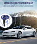 TPMS Tire Pressure Sensor Kit 4 Pack For Tesla Models 3 Y S X Plug And Play Bluetooth Ready No Programming Or Calibration Needed Real Time Pressure Alerts And Easy Wheel Mounting, Tesla sedan with Bluetooth sensor