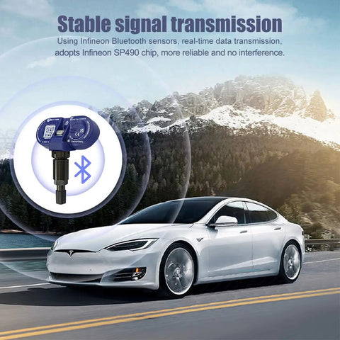 TPMS Tire Pressure Sensor Kit 4 Pack For Tesla Models 3 Y S X Plug And Play Bluetooth Ready No Programming Or Calibration Needed Real Time Pressure Alerts And Easy Wheel Mounting, Tesla sedan with Bluetooth sensor