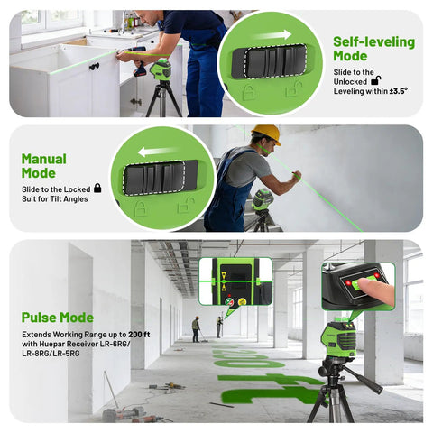Self Leveling Laser Level With Tripod 60 Inch 360 Degree Green Horizontal Line And 140 Degree Vertical Line Two Plumb Dots Green Beam Laser Level For Construction And Home Use in self-leveling, manual, and pulse modes demonstration