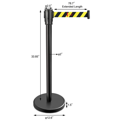 Stanchions Set Of 2, 36-Inch High, 6.5-Foot Retractable Belt, Boss-Grade Heavy-Duty Steel With Black Powder Coat, Hazard Pattern Crowd Control Posts For Events And Venues.