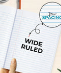 Close-up of wide ruled pages with 11/32" spacing from 100 Pack Wide Ruled Composition Notebooks Bulk 200 Pages Each Hard Cover Black Marble Design.