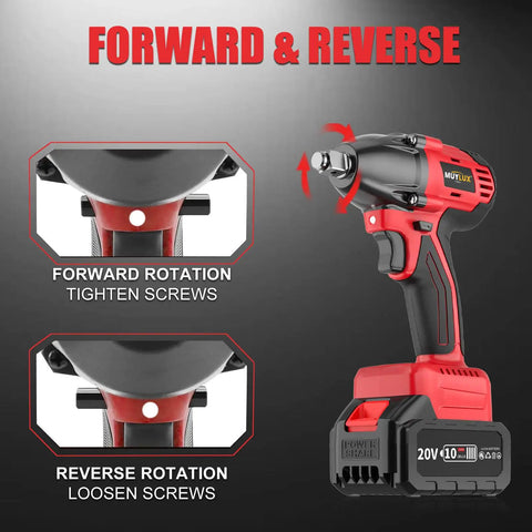 Heavy Duty Cordless Impact Wrench One Half Inch Brushless Motor with forward and reverse rotation display for auto and DIY upgrades.