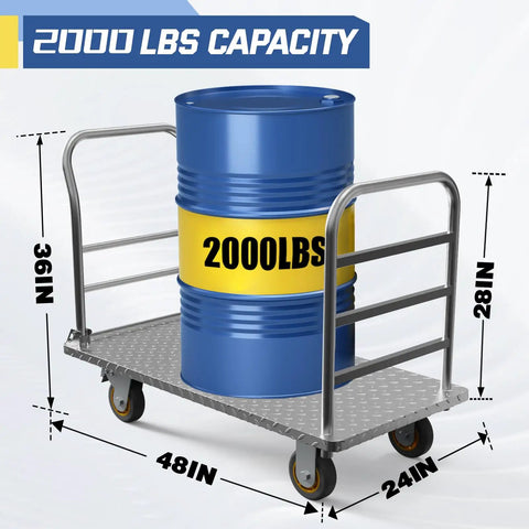 Beefy Flatbed Platform Cart With Detachable Guardrail for Barrels and Heavy Loads, 48 by 24 inch, 2000 lbs Capacity