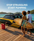 Couple with surfboard using Rechargeable Cordless Fuel Transfer Pump 2.7 GPM Model X1 Ultra to refuel vehicle at dock