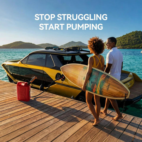 Couple with surfboard using Rechargeable Cordless Fuel Transfer Pump 2.7 GPM Model X1 Ultra to refuel vehicle at dock