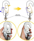 Hunting Safety Harness For Tree Climbing With Adjustable Lanyards And Restraint Straps Hands Free Fall Protection Belt showing carabiner mechanism