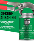 Vinyl Contact Cement Adhesive, Waterproof Fast Drying Glue 4oz can with pliers demonstrating secure packaging.
