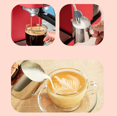 Heavy Hitter 1.1L Semi Automatic Espresso Coffee Maker With 850W Motor And 15 Bar Pressure brewing coffee and pouring steamed milk.