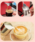 Premium Semi Automatic Espresso Machine With 15 Bar Pressure And 1.1 Liter Tank and Auto Shut Off Switch, brewing espresso and steaming milk.
